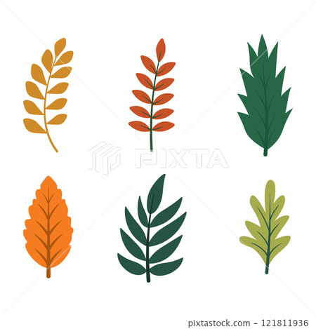 Element Set of Green Orange Leaf Leaves Foliage Natural Plant in Autumn Fall Season 121811936
