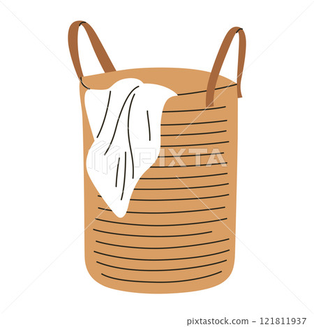 Vector illustration of laundry basket with towel. Flat, cartoon, minimalist design for laundry, clothing care, household, or home organization themes. Stylish and functional, isolated colored clipart 121811937