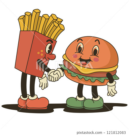 Retro groovy characters, psychedelic cartoon hamburger and french fries. Vector Illustration Retro groovy characters, psychedelic cartoon hamburger and french fries. Vector Illustration 121812083