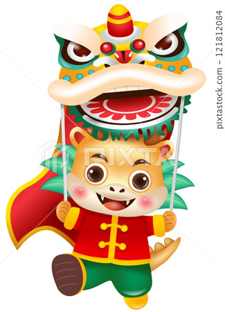 Happy 2024 Chinese New Year, Cute dragon performs a lion dance. 121812084