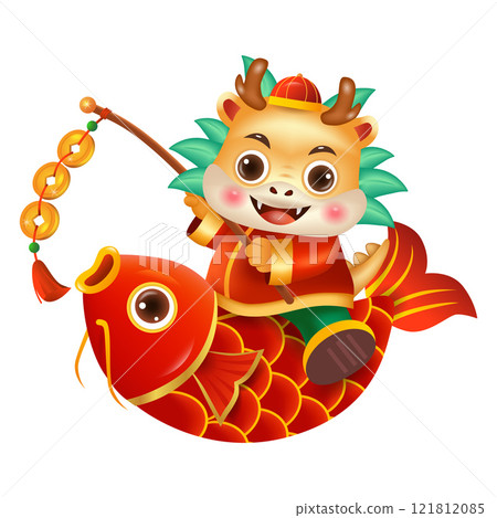 Cute dragon rides on a lucky red carp fish Cute dragon rides on a lucky red carp fish 121812085