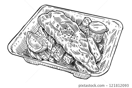 A hand-drawn illustration of fish and chips in a takeaway box. A hand-drawn illustration of fish and chips in a takeaway box. 121812093