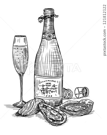 Hand drawn Champagne and fresh oyster 121812122