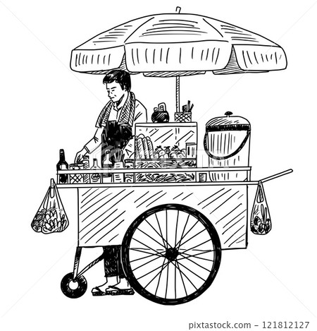 Hand drawn Thai street food vendor and his cart Hand drawn Thai street food vendor and his cart 121812127