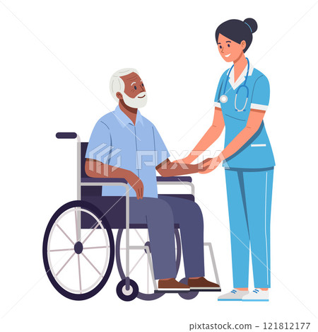 Nurse Assisting Elderly Man in Wheelchair 121812177