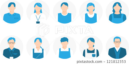 A set of icons of care workers working in nursing, welfare, childcare and other facilities. Round background. Cutout. 121812353