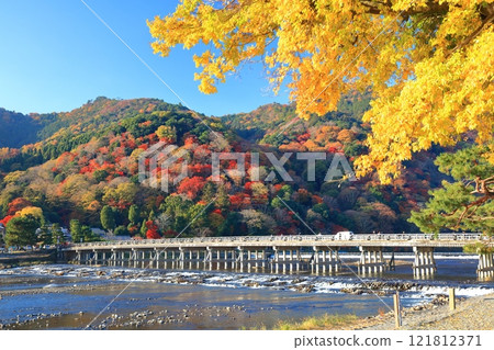 [Kyoto Prefecture] Clear skies in Arashiyama, autumn leaves at Togetsukyo Bridge 121812371