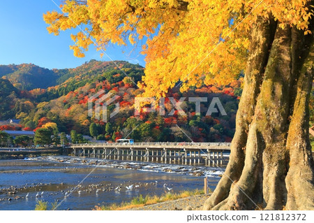 [京都府] 嵐山晴空、渡月橋秋葉 121812372