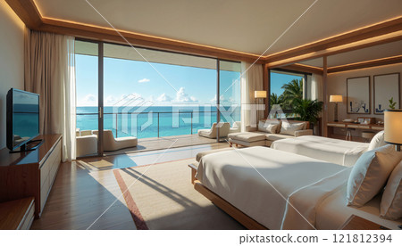 A room in a tropical resort hotel with an ocean view A room in a tropical resort hotel with an ocean view 121812394