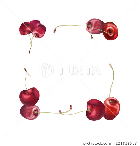 Sweet sour red cherry berries on stems, hand drawn in watercolor, scattered ripe cerise drupes. Square frame illustration isolated on white. For restaurant, cafe dessert menu, wedding, farmers market Sweet sour red cherry berries on stems, hand drawn in watercolor, scattered ripe cerise drupes. Square frame illustration isolated on white. For restaurant, cafe dessert menu, wedding, farmers market 121812518