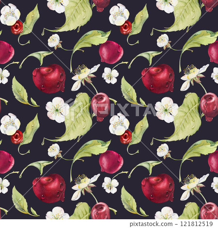 Sweet sour red cherry with green leaves, white flowers, hand drawn in watercolor, cerise berry in clusters on stems. Seamless pattern tile illustration. Restaurant, cafe menu, wedding, farmers market 121812519