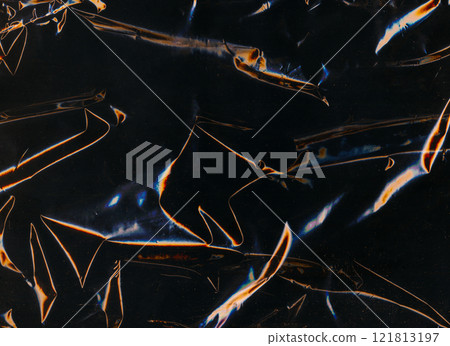 Creased texture. Old film overlay. Blue orange white color light flare dust scratch glitch defect wrinkled distressed foil retro effect dark illustration art abstract background. 121813197
