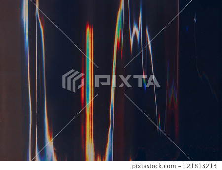 Glitch overlay. Distortion artifacts. Display defect texture. Blue orange white color light flare digital noise rgb split wave damaged screen dark illustration art abstract background. 121813213