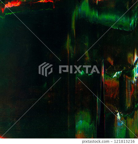 Color glitch. Scratched overlay. Distortion texture. Green red light flare dust particles grain noise weathered worn film rust stain defect illustration art abstract background. 121813216
