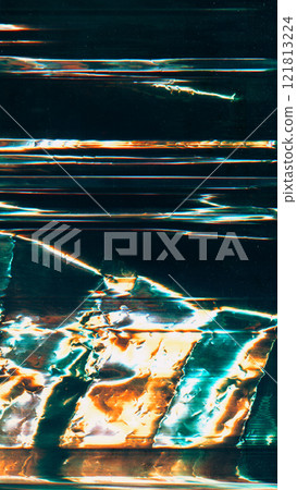 Distressed foil. Old film overlay. Green orange white color rust stains light flare glitch waves dust scratch defect uneven metallic texture illustration art abstract background. 121813224