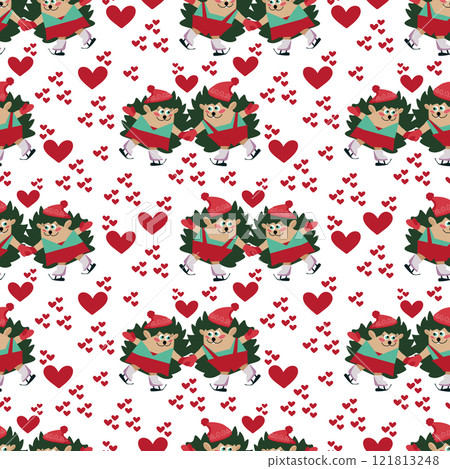 Seamless pattern cartoon hedgehogs in love in clothes on skates Seamless pattern cartoon hedgehogs in love in clothes on skates 121813248