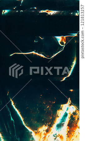 Old film overlay. Damaged foil. Burn surface texture. Blue orange green color light flares dust scratch distressed uneven defect dark illustration art abstract background. 121813257