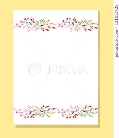 Floral frame with summer meadow wildflowers, grass, leaves. Botanical template for wedding invitation, birthday, and Mothers Day cards 121813428