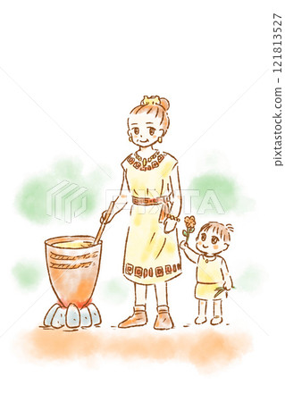 Jomon period, people, women, elderly people, children, pottery, cooking, fire, smiling faces Jomon period, people, women, elderly people, children, pottery, cooking, fire, smiling faces 121813527