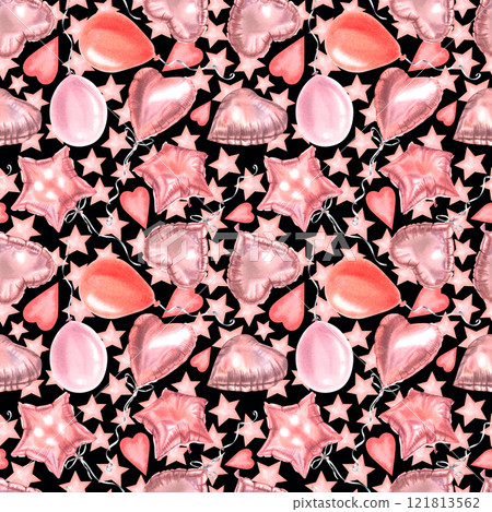 Valentine's hand drawn seamless pattern with balloons in various shapes stars, spheres, hearts. Watercolor illustration of decorative elements on black isolated background. For birthdays, anniversary 121813562