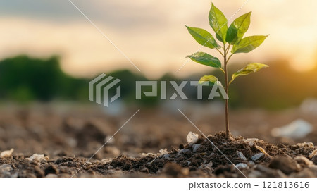 Young plant sprouting in soil at sunset 121813616