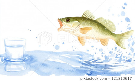 Fish jumping out of water near glass Fish jumping out of water near glass 121813617