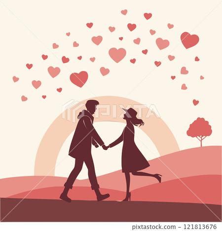Romantic Couple Holding Hands at Sunset 121813676