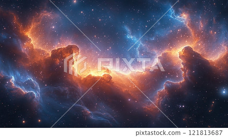 An abstract visualization of a cosmic tapestry woven from starlight, nebulas, and celestial bodies, representing the interconnectedness of the universe. 121813687
