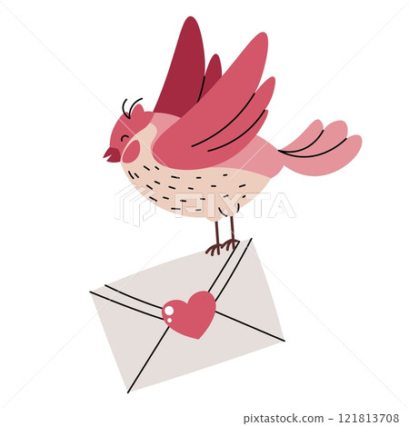 Flying pink bird with an envelope in its paws on an isolated background. Vector illustration for Valentine's day in flat cartoon style. Flying pink bird with an envelope in its paws on an isolated background. Vector illustration for Valentine's day in flat cartoon style. 121813708