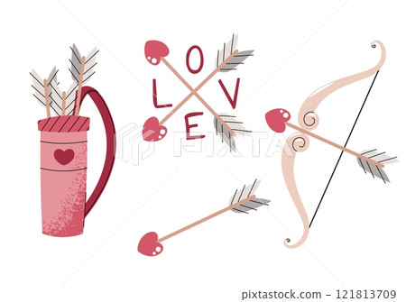 Cupid's quiver, bow and arrows in flat cartoon style. Love angel's shooting weapon on white background. Valentine's day vector illustration for cards, stickers, banners, etc. Cupid's quiver, bow and arrows in flat cartoon style. Love angel's shooting weapon on white background. Valentine's day vector illustration for cards, stickers, banners, etc. 121813709