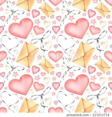 Watercolor seamless pattern with envelopes, hearts, stars and bows in pastel colors on white background. Hand drawn illustration for Valentine's Day textile or packaging design, childish wallpaper. 121813718