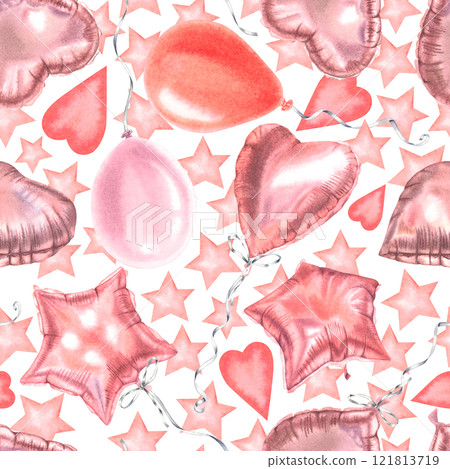 Valentine's hand drawn seamless pattern with balloons in various shapes stars, spheres, hearts. Watercolor illustration of decorative elements on white isolated background. For birthdays, anniversary. Valentine's hand drawn seamless pattern with balloons in various shapes stars, spheres, hearts. Watercolor illustration of decorative elements on white isolated background. For birthdays, anniversary. 121813719