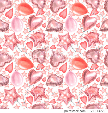 Valentine's hand drawn seamless pattern with balloons in various shapes stars, spheres, hearts. Watercolor illustration of decorative elements on white isolated background. For birthdays, anniversary. 121813720
