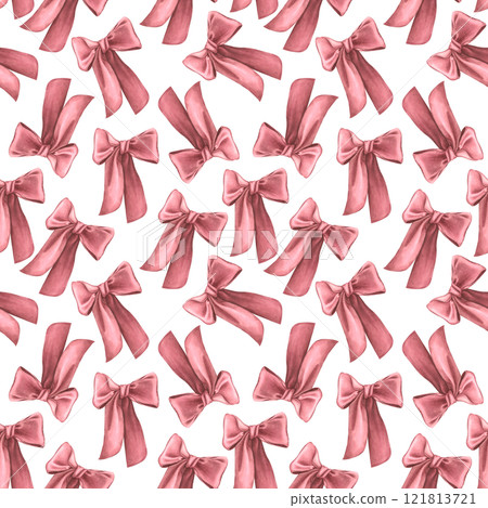 Seamless pattern with coquette ribbon bow in dark red color. Hand painting watercolor illustration of accessory isolated on white background. For wrapping paper, packaging, wallpaper, phone case. 121813721