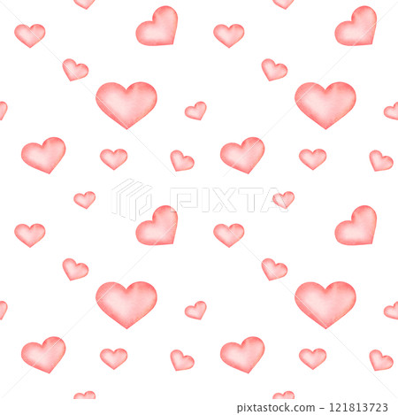 Seamless watercolor pattern with small red hand drawn hearts tossed on white isolated background. Simple cute Valentines day illustration. For wrapping paper, packaging, wallpaper, phone case. 121813723