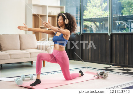 healthy woman workout at home, exercise, fit, doing yoga, home fitness concept. 121813743