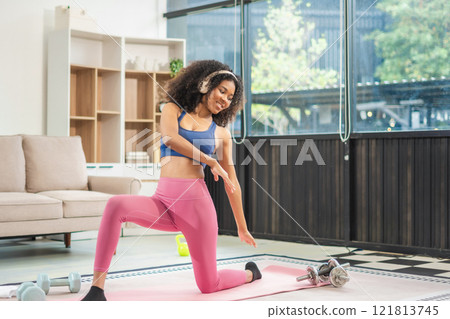 healthy woman workout at home, exercise, fit, doing yoga, home fitness concept. healthy woman workout at home, exercise, fit, doing yoga, home fitness concept. 121813745