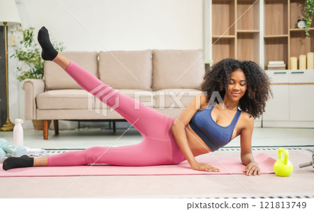 healthy woman workout at home, exercise, fit, doing yoga, home fitness concept. 121813749