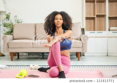 healthy woman workout at home, exercise, fit, doing yoga, home fitness concept. 121813751