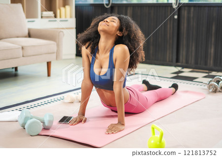 healthy woman workout at home, exercise, fit, doing yoga, home fitness concept. 121813752