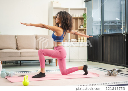 healthy woman workout at home, exercise, fit, doing yoga, home fitness concept. 121813753