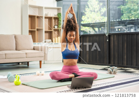 healthy woman workout at home, exercise, fit, doing yoga, home fitness concept. healthy woman workout at home, exercise, fit, doing yoga, home fitness concept. 121813758