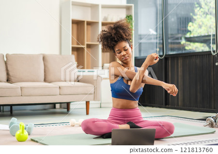 healthy woman workout at home, exercise, fit, doing yoga, home fitness concept. 121813760