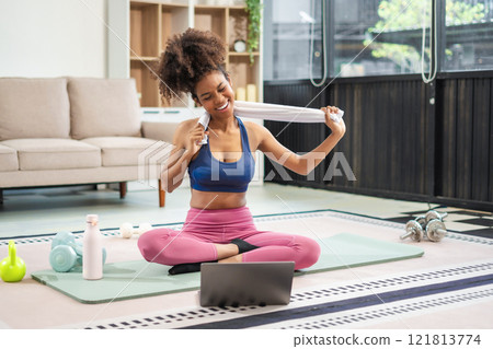 healthy woman workout at home, exercise, fit, doing yoga, home fitness concept. 121813774
