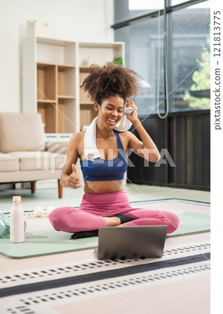 healthy woman workout at home, exercise, fit, doing yoga, home fitness concept. healthy woman workout at home, exercise, fit, doing yoga, home fitness concept. 121813775
