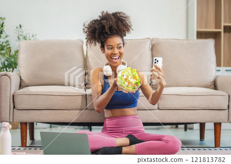healthy woman workout at home, exercise, fit, doing yoga, home fitness concept. healthy woman workout at home, exercise, fit, doing yoga, home fitness concept. 121813782