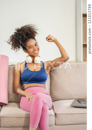 healthy woman workout at home, exercise, fit, doing yoga, home fitness concept. 121813789