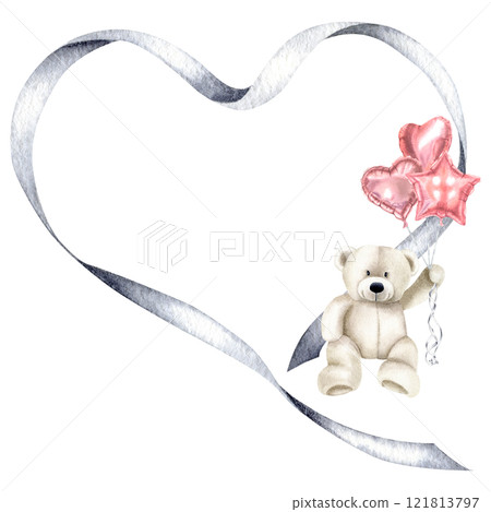 Heart shape ribbon frame with teddy bear holding pink balloons. Hand drawn watercolor illustration of template with space for text on isolated background. For birthday party or Baby shower invitations 121813797