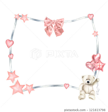 Rectangular frame with bear toy holding balloons for Baby Shower greeting cards or invitations. Hand drawn watercolor template in pastel gray and pink colors for birthday party with space for text. Rectangular frame with bear toy holding balloons for Baby Shower greeting cards or invitations. Hand drawn watercolor template in pastel gray and pink colors for birthday party with space for text. 121813798