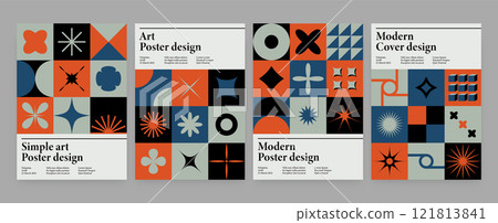 Abstract swiss geometric posters. Brutalism bold shapes web banner, poster design, print, postmodern bauhaus vector art Abstract swiss geometric posters. Brutalism bold shapes web banner, poster design, print, postmodern bauhaus vector art 121813841